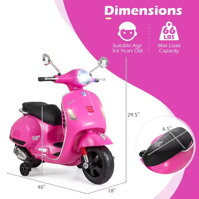 Costway Moto Électrique Enfant VESPA sous Licence 12V avec Musique Klaxon Histoire Roues Stabilisatrices Rouge/Rose/Vert/Blanc