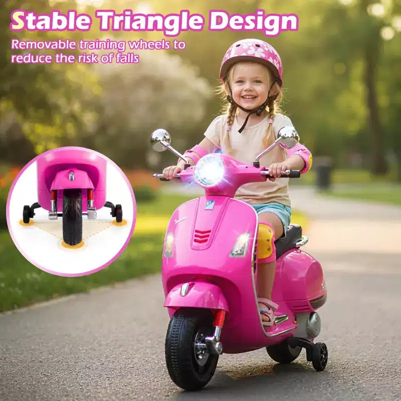 Costway Moto Électrique Enfant VESPA sous Licence 12V avec Musique Klaxon Histoire Roues Stabilisatrices Rouge/Rose/Vert/Blanc