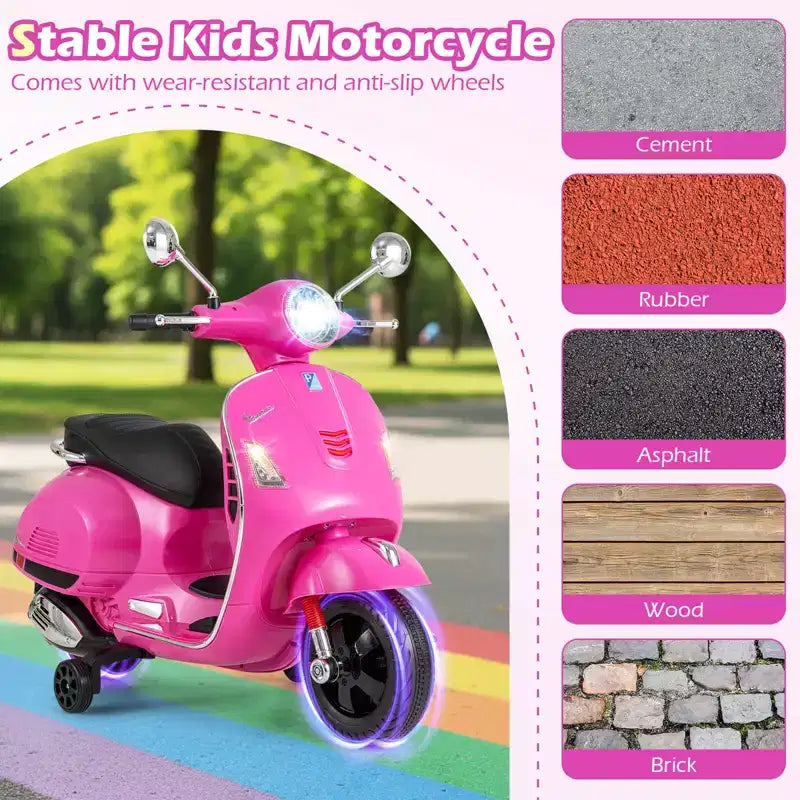 Costway Moto Électrique Enfant VESPA sous Licence 12V avec Musique Klaxon Histoire Roues Stabilisatrices Rouge/Rose/Vert/Blanc