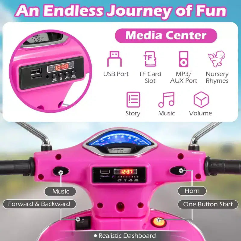 Costway Moto Électrique Enfant VESPA sous Licence 12V avec Musique Klaxon Histoire Roues Stabilisatrices Rouge/Rose/Vert/Blanc