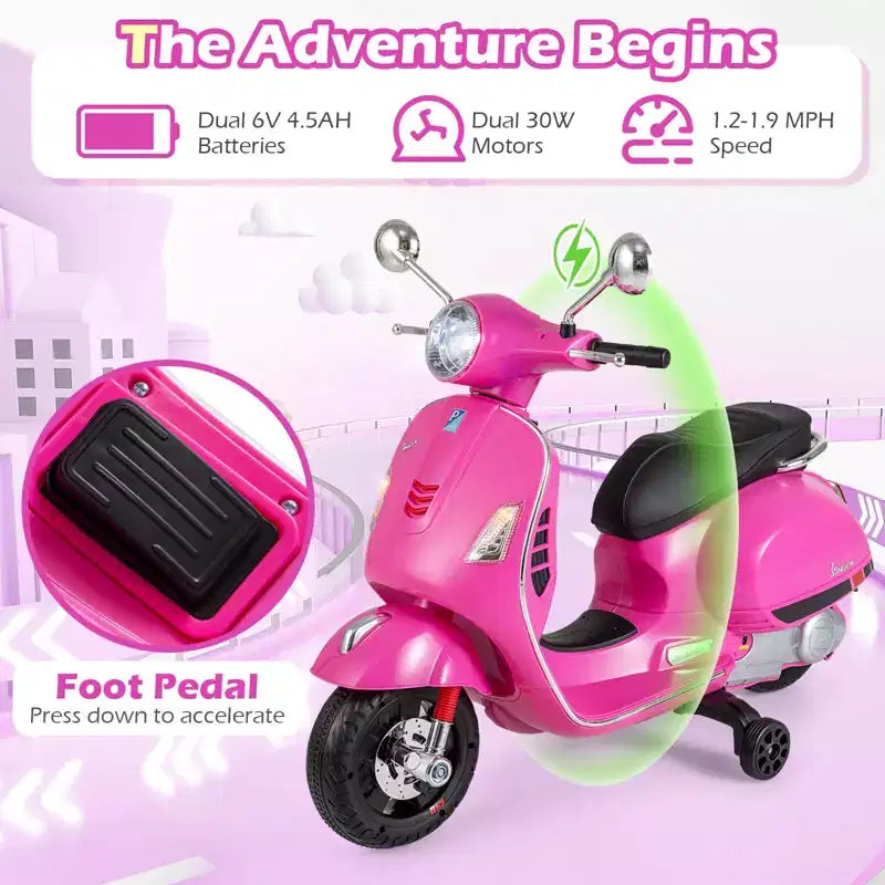Costway Moto Électrique Enfant VESPA sous Licence 12V avec Musique Klaxon Histoire Roues Stabilisatrices Rouge/Rose/Vert/Blanc