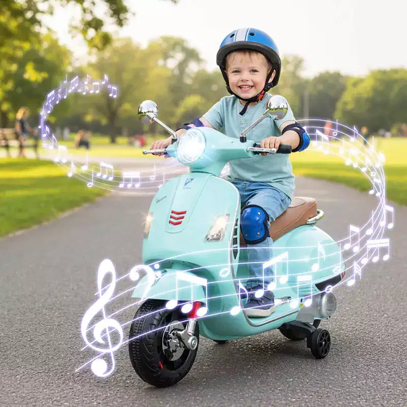 Costway Moto Électrique Enfant VESPA sous Licence 12V avec Musique Klaxon Histoire Roues Stabilisatrices Rouge/Rose/Vert/Blanc