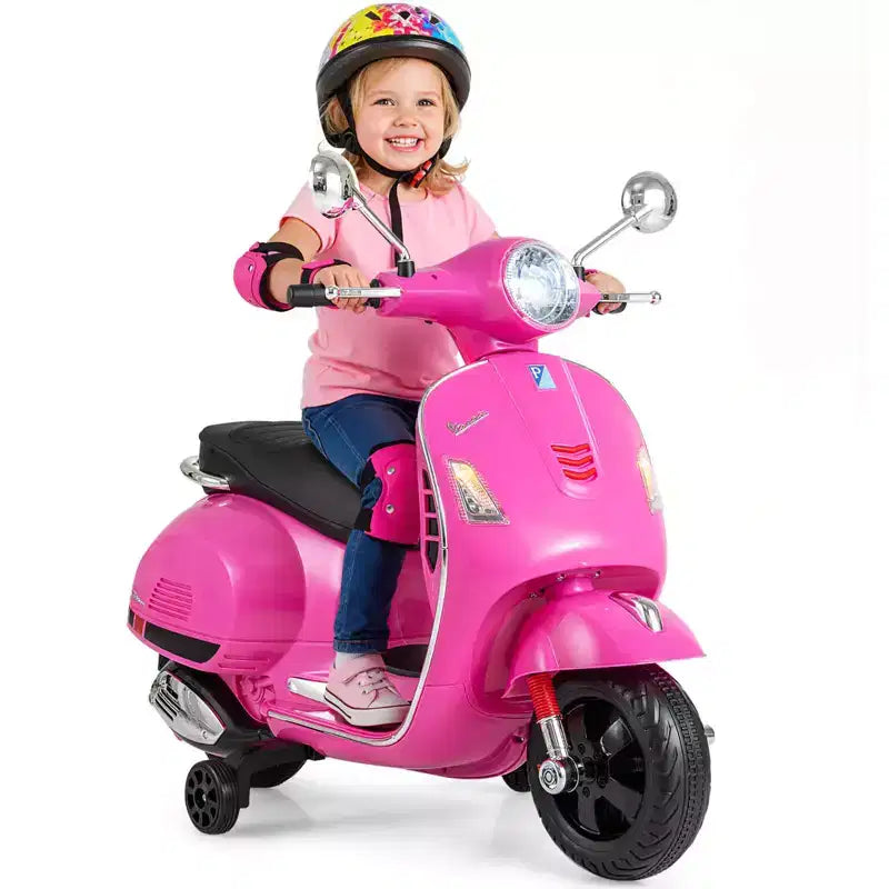 Costway Moto Électrique Enfant VESPA sous Licence 12V avec Musique Klaxon Histoire Roues Stabilisatrices Rouge/Rose/Vert/Blanc