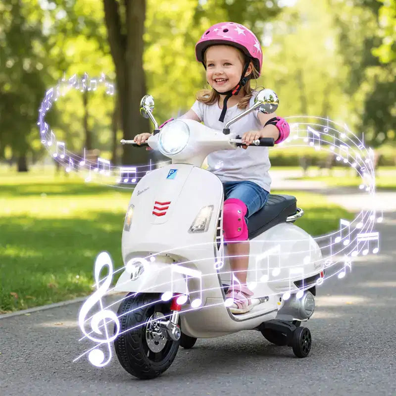 Costway Moto Électrique Enfant VESPA sous Licence 12V avec Musique Klaxon Histoire Roues Stabilisatrices Rouge/Rose/Vert/Blanc