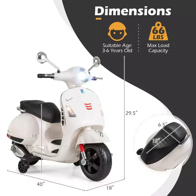 Costway Moto Électrique Enfant VESPA sous Licence 12V avec Musique Klaxon Histoire Roues Stabilisatrices Rouge/Rose/Vert/Blanc