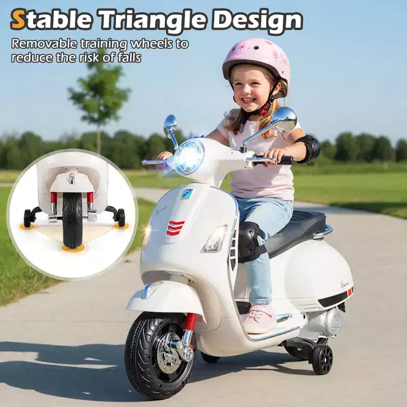 Costway Moto Électrique Enfant VESPA sous Licence 12V avec Musique Klaxon Histoire Roues Stabilisatrices Rouge/Rose/Vert/Blanc