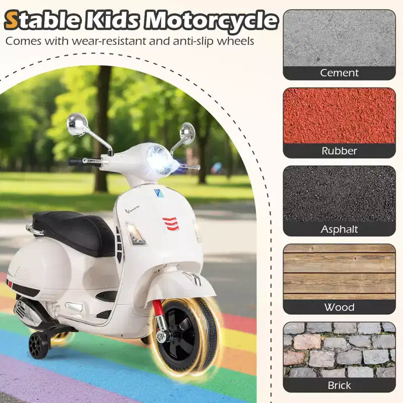 Costway Moto Électrique Enfant VESPA sous Licence 12V avec Musique Klaxon Histoire Roues Stabilisatrices Rouge/Rose/Vert/Blanc