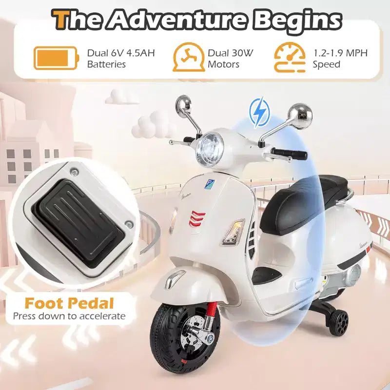 Costway Moto Électrique Enfant VESPA sous Licence 12V avec Musique Klaxon Histoire Roues Stabilisatrices Rouge/Rose/Vert/Blanc
