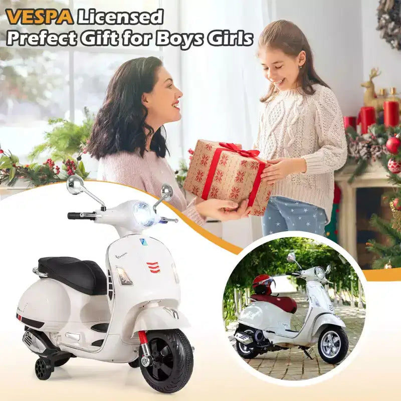Costway Moto Électrique Enfant VESPA sous Licence 12V avec Musique Klaxon Histoire Roues Stabilisatrices Rouge/Rose/Vert/Blanc