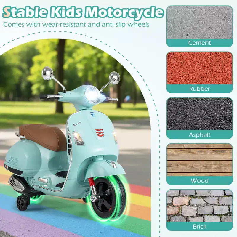Costway Moto Électrique Enfant VESPA sous Licence 12V avec Musique Klaxon Histoire Roues Stabilisatrices Rouge/Rose/Vert/Blanc