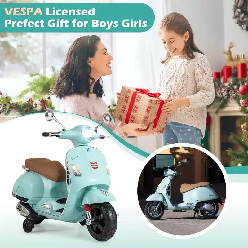 Costway Moto Électrique Enfant VESPA sous Licence 12V avec Musique Klaxon Histoire Roues Stabilisatrices Rouge/Rose/Vert/Blanc