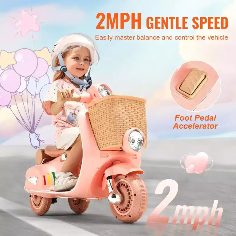 Moto électrique pour enfants 6V, 3 roues, avec lumières LED, musique et Bluetooth pour les 3-4 ans