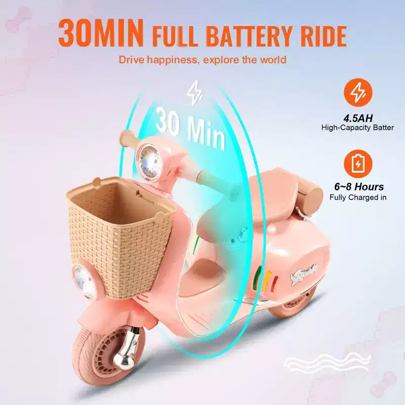 Moto électrique pour enfants 6V, 3 roues, avec lumières LED, musique et Bluetooth pour les 3-4 ans