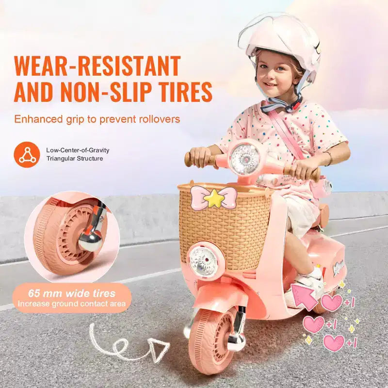 Moto électrique pour enfants 6V, 3 roues, avec lumières LED, musique et Bluetooth pour les 3-4 ans