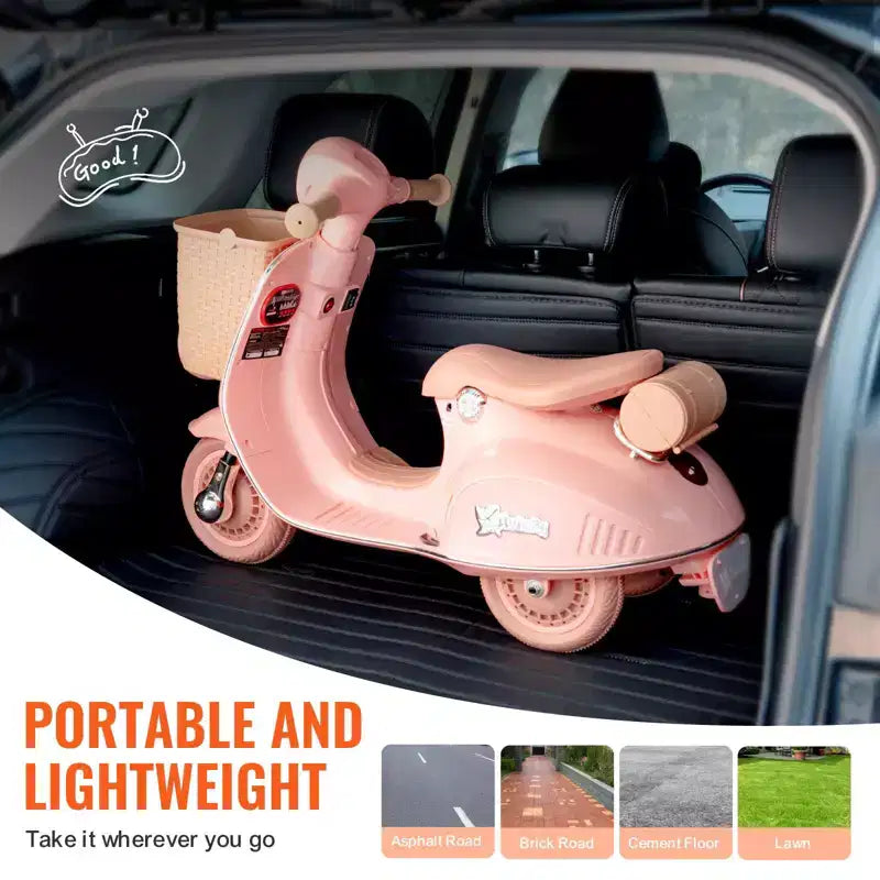 Moto électrique pour enfants 6V, 3 roues, avec lumières LED, musique et Bluetooth pour les 3-4 ans