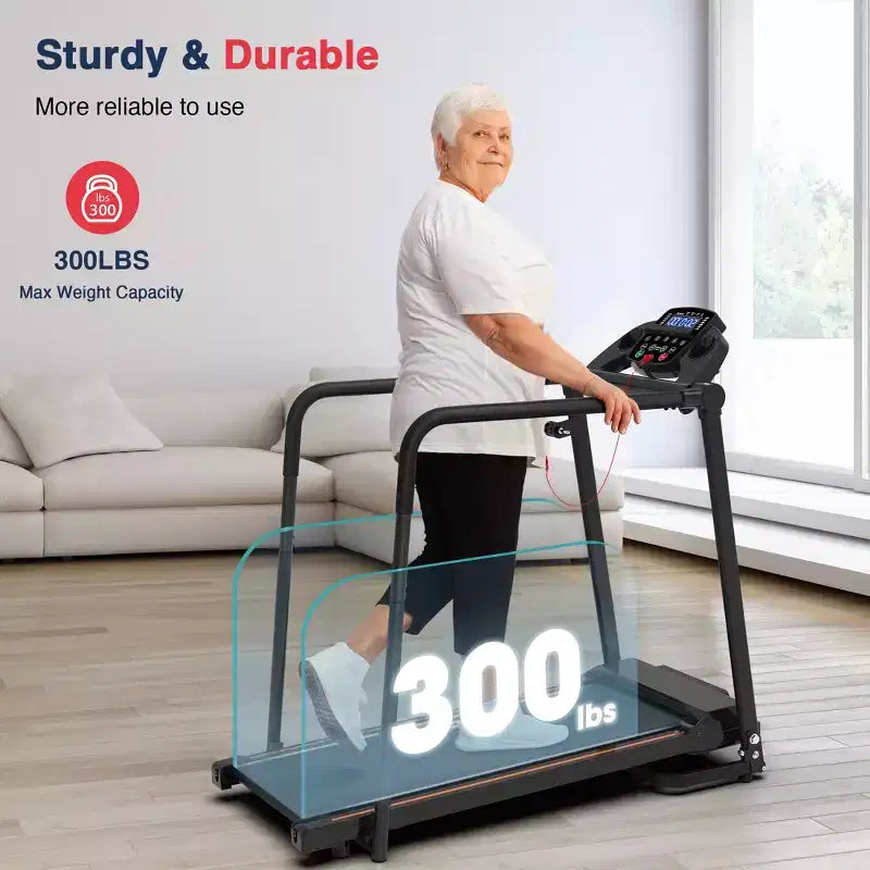 Tapis de marche Redliro pour seniors avec de longues barres d'appui, tapis de course pliable inclinable, tapis de course compact de 120 kg pour l'exercice à domicile