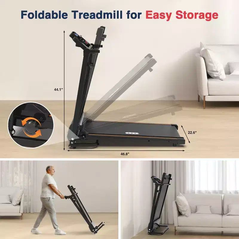 Tapis de marche Redliro pour seniors avec de longues barres d'appui, tapis de course pliable inclinable, tapis de course compact de 120 kg pour l'exercice à domicile