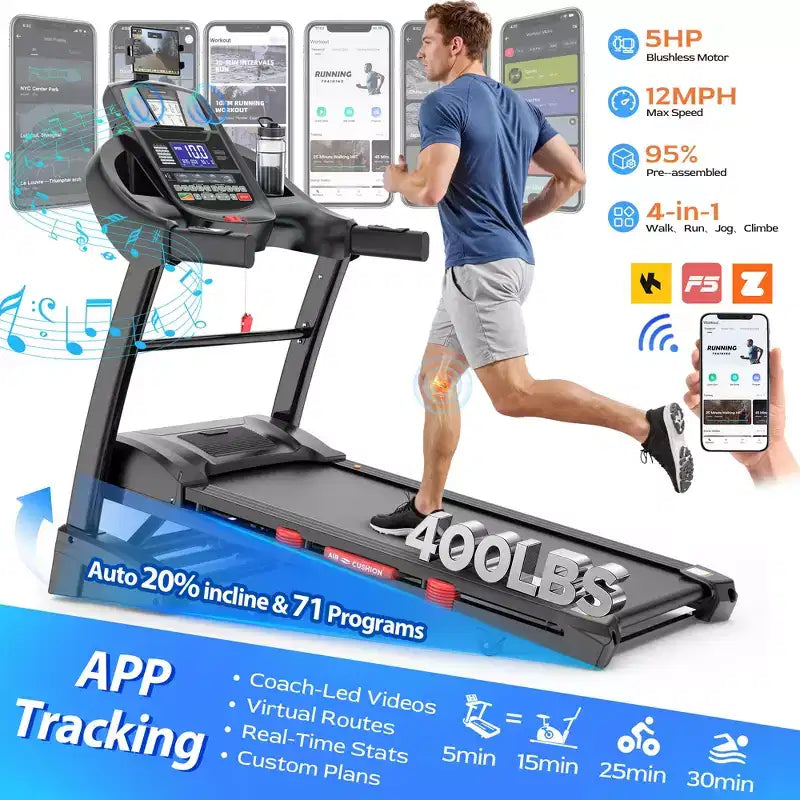 Tapis de course pliable à inclinaison automatique 20 % pour la maison, moteur silencieux 5 CV, 180 kg, machine de marche et de course compacte avec contrôle via application, 71 programmes et Bluetooth