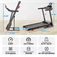 Tapis de course pliable de 2,75 CV avec capacité de 136 kg, 3 niveaux d'inclinaison, 71 programmes, connexion via application intelligente, tapis de course portable de 12 km/h pour le jogging et la marche à domicile