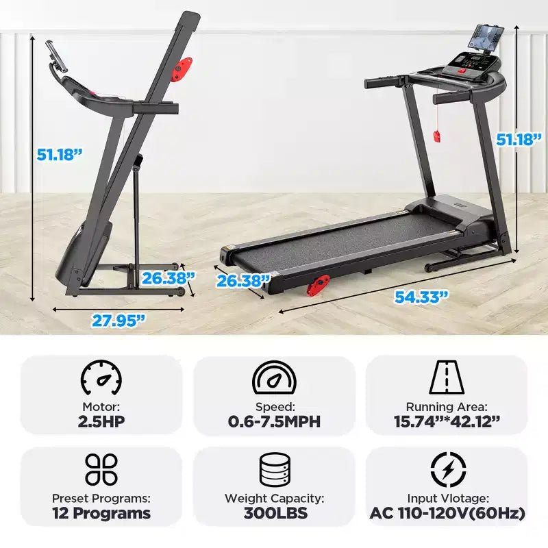 Tapis de course pliable de 2,75 CV avec capacité de 136 kg, 3 niveaux d'inclinaison, 71 programmes, connexion via application intelligente, tapis de course portable de 12 km/h pour le jogging et la marche à domicile