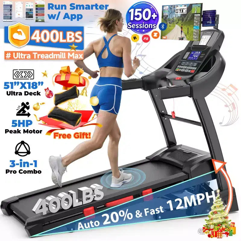 Tapis roulant pliable 5HP pour la maison avec inclinaison automatique 20%, capacité 400lb, 12MPH tapis portable de course et marche, 71 programmes, entraînement personnalisé avec APP