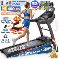 Tapis roulant pliable 5HP pour la maison avec inclinaison automatique 20%, capacité 400lb, 12MPH tapis portable de course et marche, 71 programmes, entraînement personnalisé avec APP