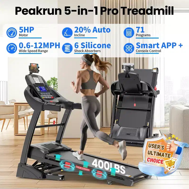 Tapis roulant pliable 5HP pour la maison avec inclinaison automatique 20%, capacité 400lb, 12MPH tapis portable de course et marche, 71 programmes, entraînement personnalisé avec APP
