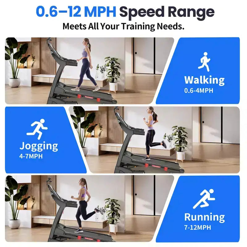 Tapis roulant pliable 5HP pour la maison avec inclinaison automatique 20%, capacité 400lb, 12MPH tapis portable de course et marche, 71 programmes, entraînement personnalisé avec APP