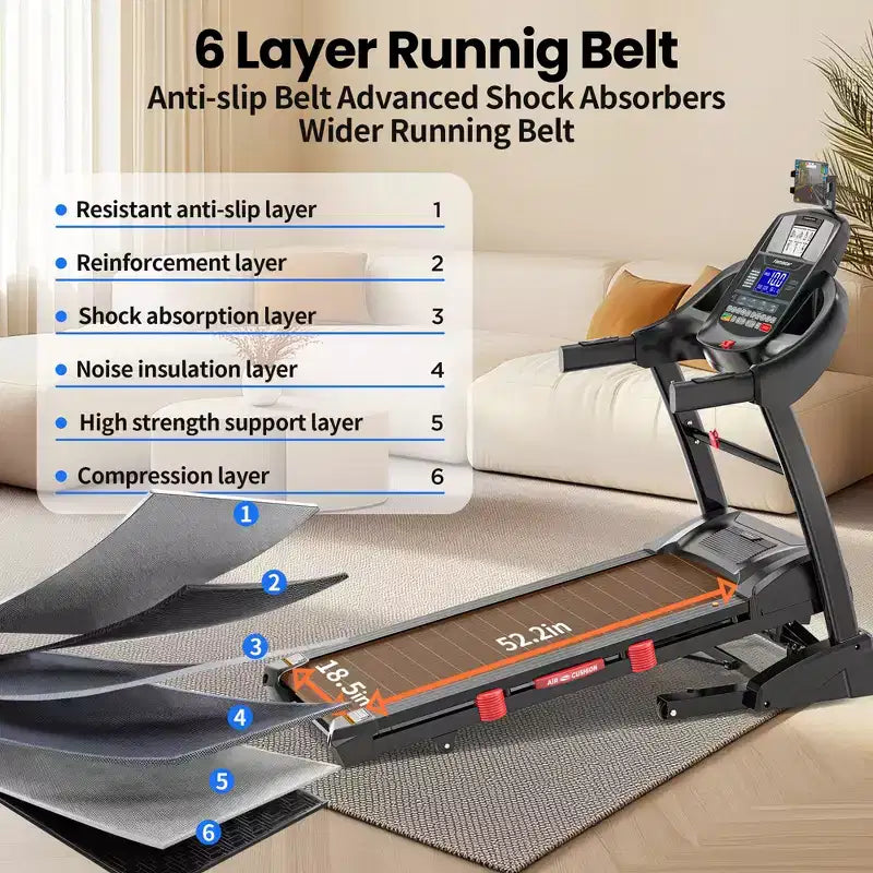 Tapis roulant pliable 5HP pour la maison avec inclinaison automatique 20%, capacité 400lb, 12MPH tapis portable de course et marche, 71 programmes, entraînement personnalisé avec APP