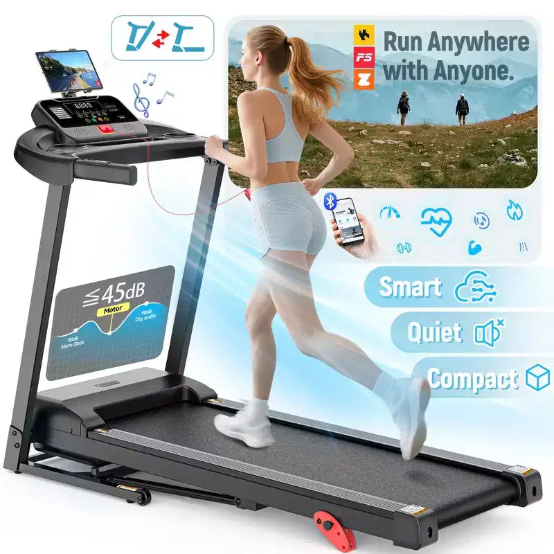 Tapis de course pliable intelligent avec inclinaison 12 km/h, moteur silencieux de 2,5 CV, capacité de 136 kg, contrôle via application et Bluetooth pour le fitness à domicile