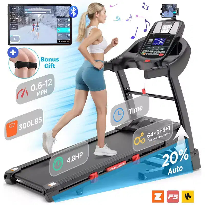 Tapis de course pliable avec inclinaison automatique Moteur 4,8 CV, inclinaison 20 %, moniteur de fréquence cardiaque, haut-parleurs Bluetooth, capacité de 136 kg