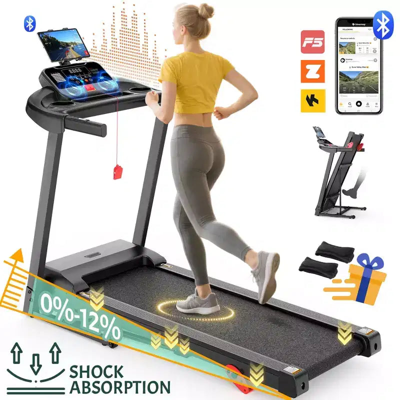 Tapis roulant en solde, Dégagement de tapis roulants, 0,6-7,5 MPH, 64+3+3+1 programmes, Moteur sans balais silencieux, Application Bluetooth, Tapis de course compact pour la maison
