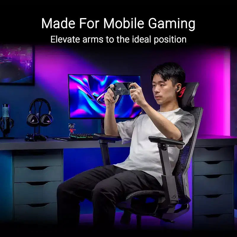 Chaise de jeu ergonomique ASUS ROG Destrier Core, esthétique cyborg futuriste, réglages polyvalents du siège, mode de support de bras pour le jeu mobile, panneau acoustique