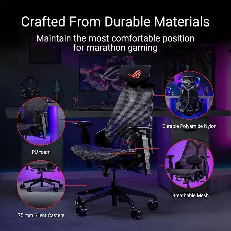 Chaise de jeu ergonomique ASUS ROG Destrier Core, esthétique cyborg futuriste, réglages polyvalents du siège, mode de support de bras pour le jeu mobile, panneau acoustique