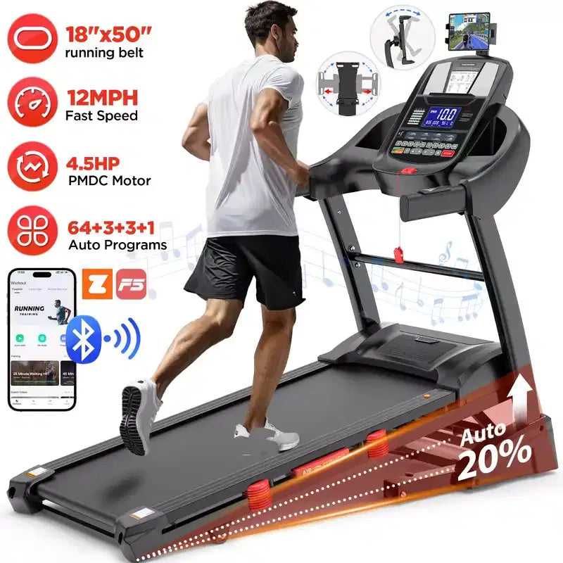 Tapis roulant avec inclinaison automatique, tapis de course pour la maison, tapis roulant pliable avec barres de maintien, haut-parleur, tapis de course capacité 136 kg