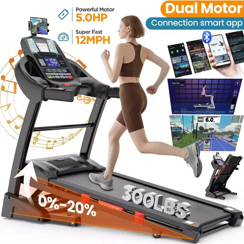 Tapis de course électrique pliable double moteur 5 CV en promotion, machine de course durable avec inclinaison automatique de 20 %, capacité de 180 kg, tapis de marche compact