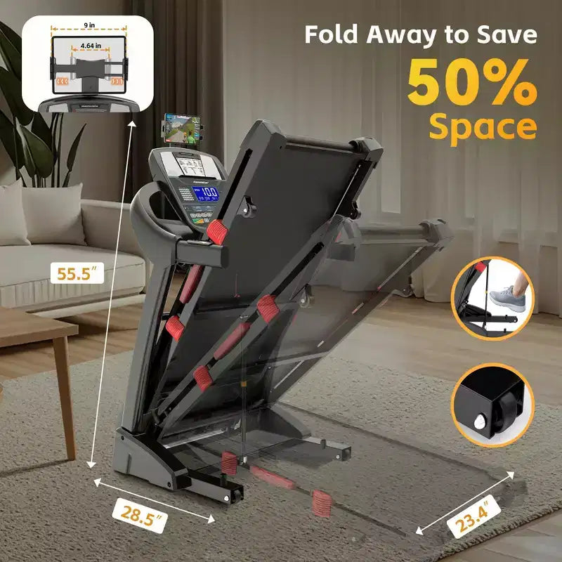 Tapis de course capacité 400 lbs pour la maison avec inclinaison 20%, tapis de course pliant 5.0 HP pour l'exercice, 0.612 MPH, contrôle par application, absorption des chocs, soutien des genoux