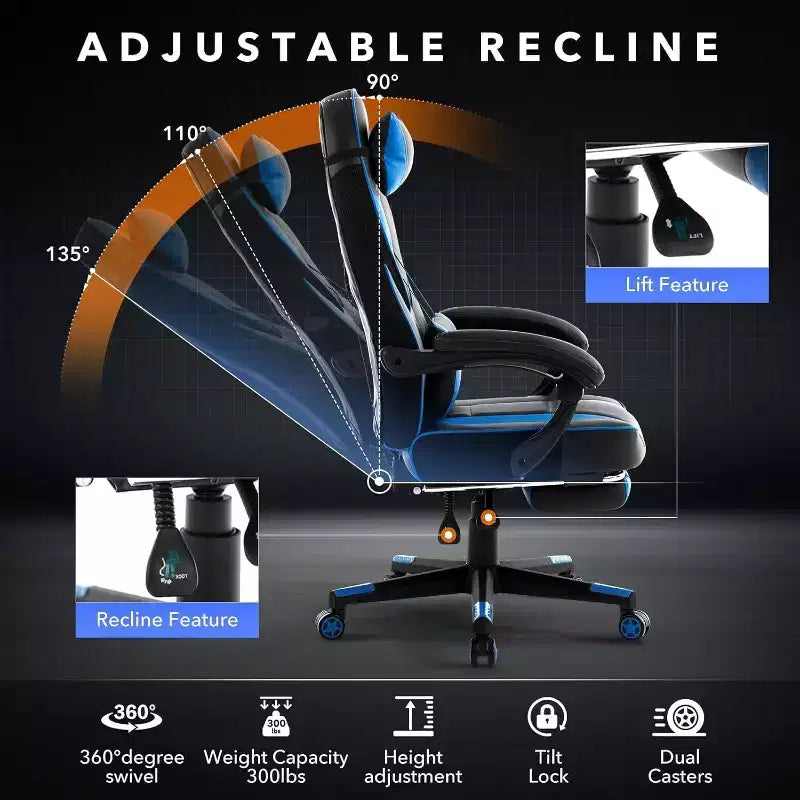 Chaise gaming ergonomique, chaise d'ordinateur à dossier haut en PU, repose-pieds rétractable, hauteur réglable, soutien lombaire et appui-tête réglables, chaise de bureau pivotante