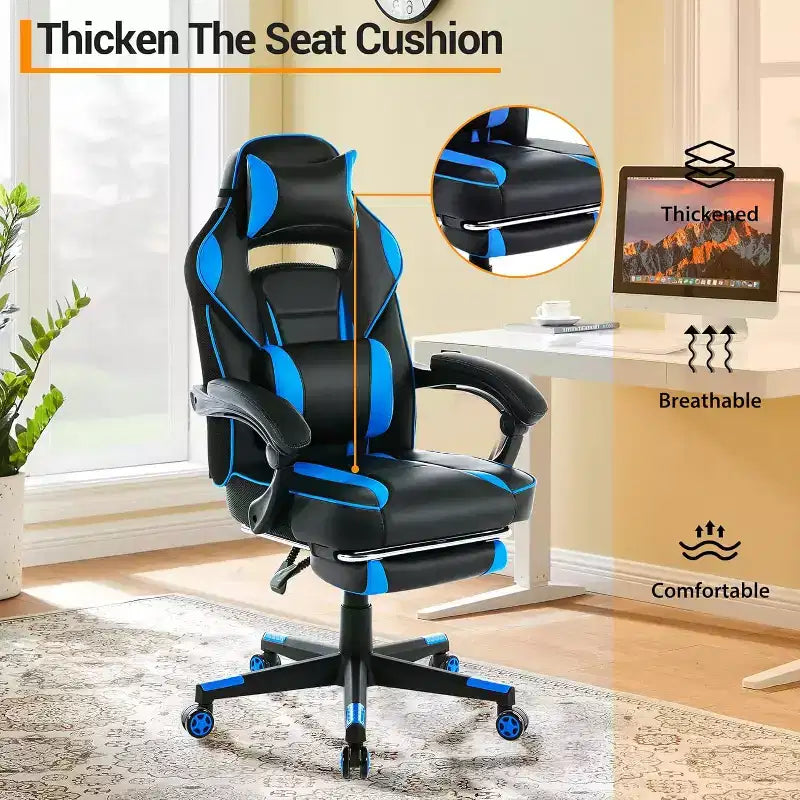 Chaise gaming ergonomique, chaise d'ordinateur à dossier haut en PU, repose-pieds rétractable, hauteur réglable, soutien lombaire et appui-tête réglables, chaise de bureau pivotante