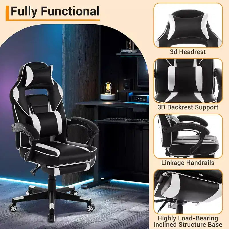 Chaise gaming ergonomique, chaise d'ordinateur à dossier haut en PU, repose-pieds rétractable, hauteur réglable, soutien lombaire et appui-tête réglables, chaise de bureau pivotante