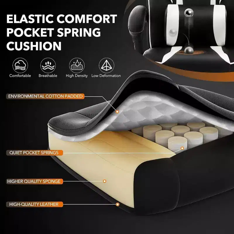 Chaise gaming ergonomique, chaise d'ordinateur à dossier haut en PU, repose-pieds rétractable, hauteur réglable, soutien lombaire et appui-tête réglables, chaise de bureau pivotante