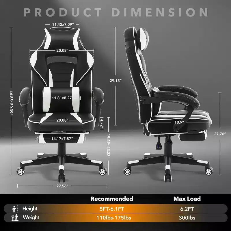 Chaise gaming ergonomique, chaise d'ordinateur à dossier haut en PU, repose-pieds rétractable, hauteur réglable, soutien lombaire et appui-tête réglables, chaise de bureau pivotante