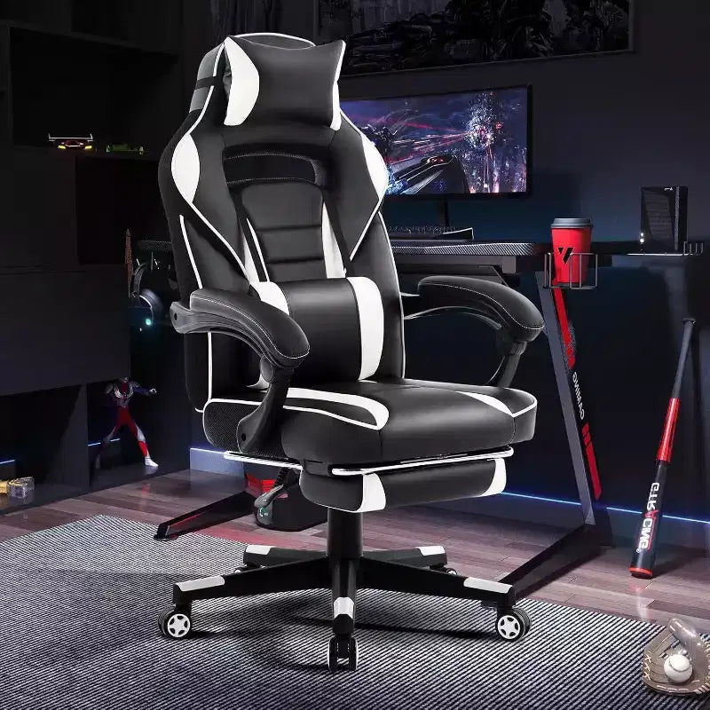 Chaise gaming ergonomique, chaise d'ordinateur à dossier haut en PU, repose-pieds rétractable, hauteur réglable, soutien lombaire et appui-tête réglables, chaise de bureau pivotante
