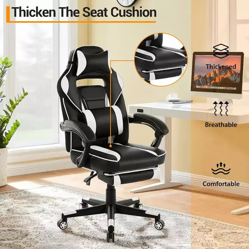 Chaise gaming ergonomique, chaise d'ordinateur à dossier haut en PU, repose-pieds rétractable, hauteur réglable, soutien lombaire et appui-tête réglables, chaise de bureau pivotante