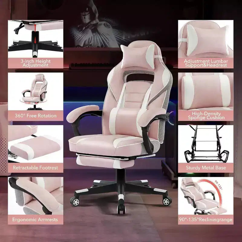 Chaise gaming ergonomique, chaise d'ordinateur à dossier haut en PU, repose-pieds rétractable, hauteur réglable, soutien lombaire et appui-tête réglables, chaise de bureau pivotante