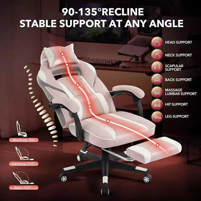 Chaise gaming ergonomique, chaise d'ordinateur à dossier haut en PU, repose-pieds rétractable, hauteur réglable, soutien lombaire et appui-tête réglables, chaise de bureau pivotante