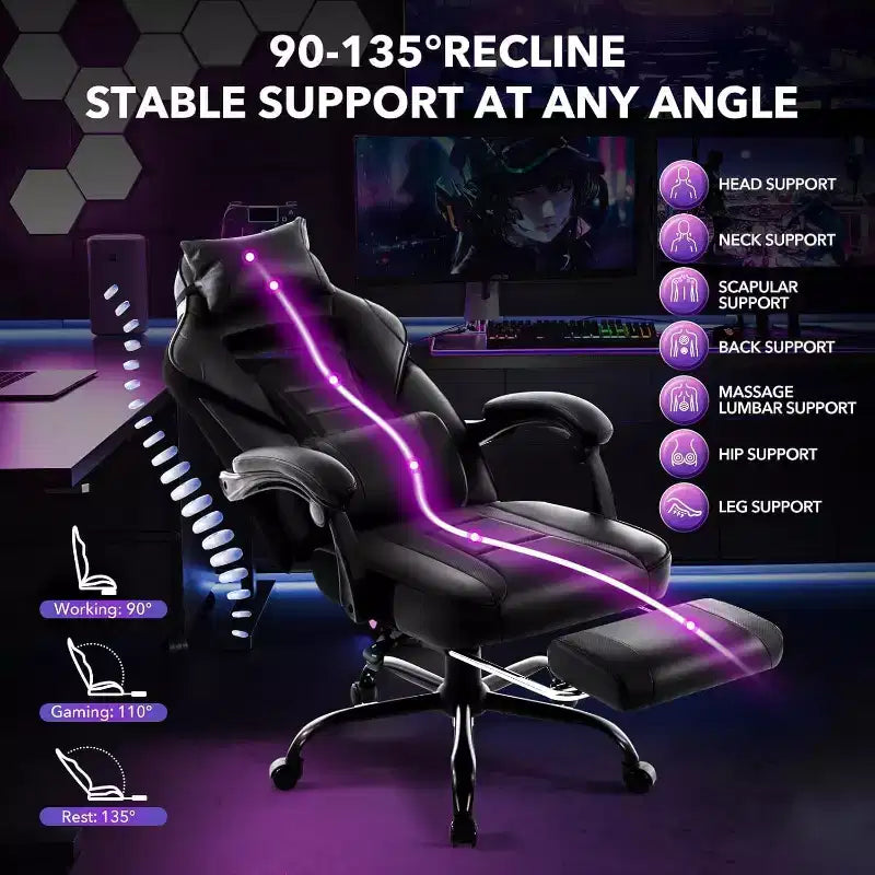 Chaise gaming ergonomique, chaise d'ordinateur à dossier haut en PU, repose-pieds rétractable, hauteur réglable, soutien lombaire et appui-tête réglables, chaise de bureau pivotante