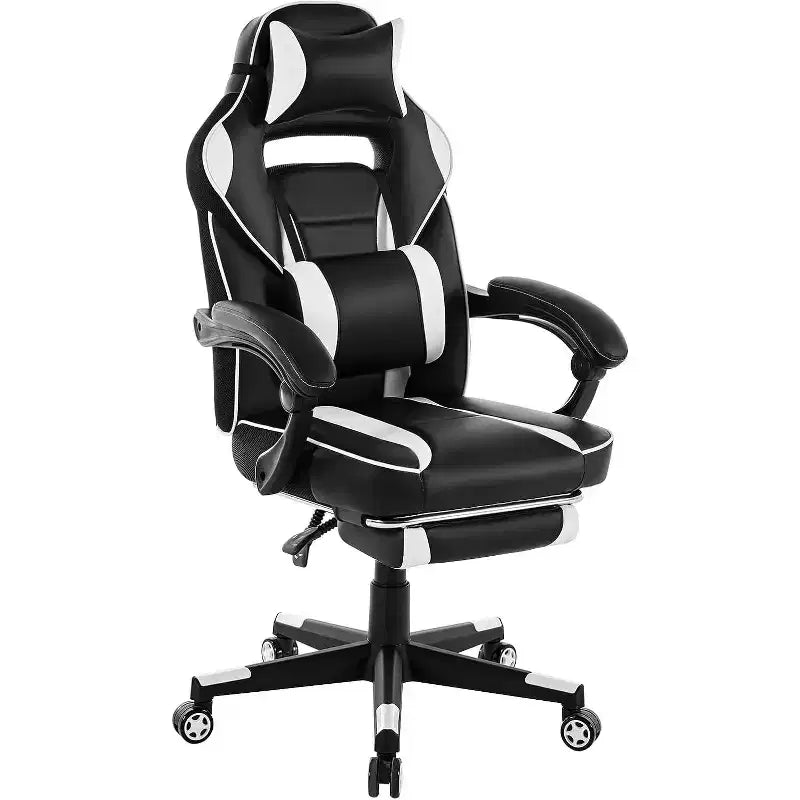 Chaise de jeu ergonomique, chaise d'ordinateur en PU à dossier haut, repose-pieds rétractable, réglable en hauteur, support lombaire et appui-tête réglables, chaise de bureau pivotante