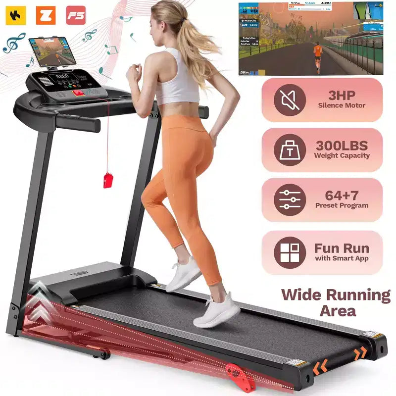 Tapis roulant pliable 3HP avec inclinaison pour la maison, capacité 300LBS, tapis portable, cours d'entraînement gratuits avec APP, 71 programmes, 7.5MPH pour le jogging et la marche