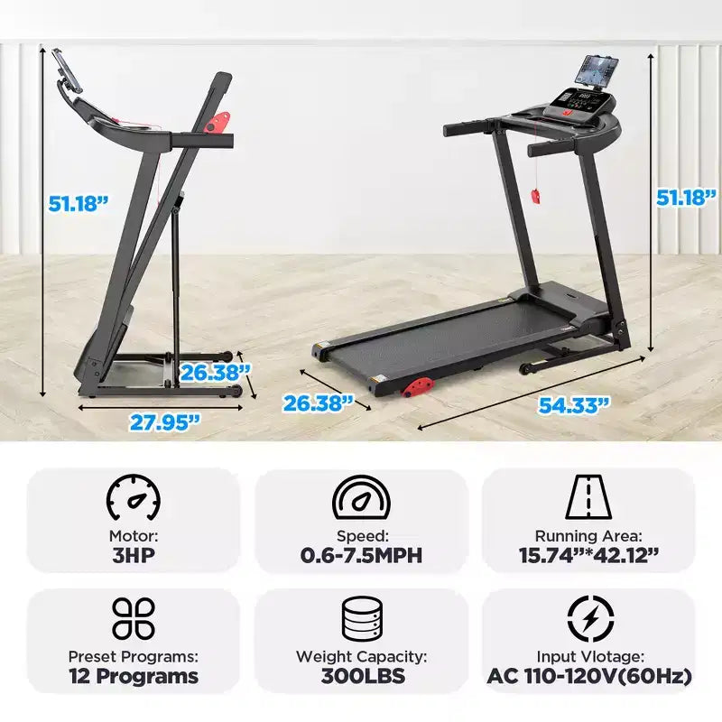 Tapis roulant pliable 3HP avec inclinaison pour la maison, capacité 300LBS, tapis portable, cours d'entraînement gratuits avec APP, 71 programmes, 7.5MPH pour le jogging et la marche